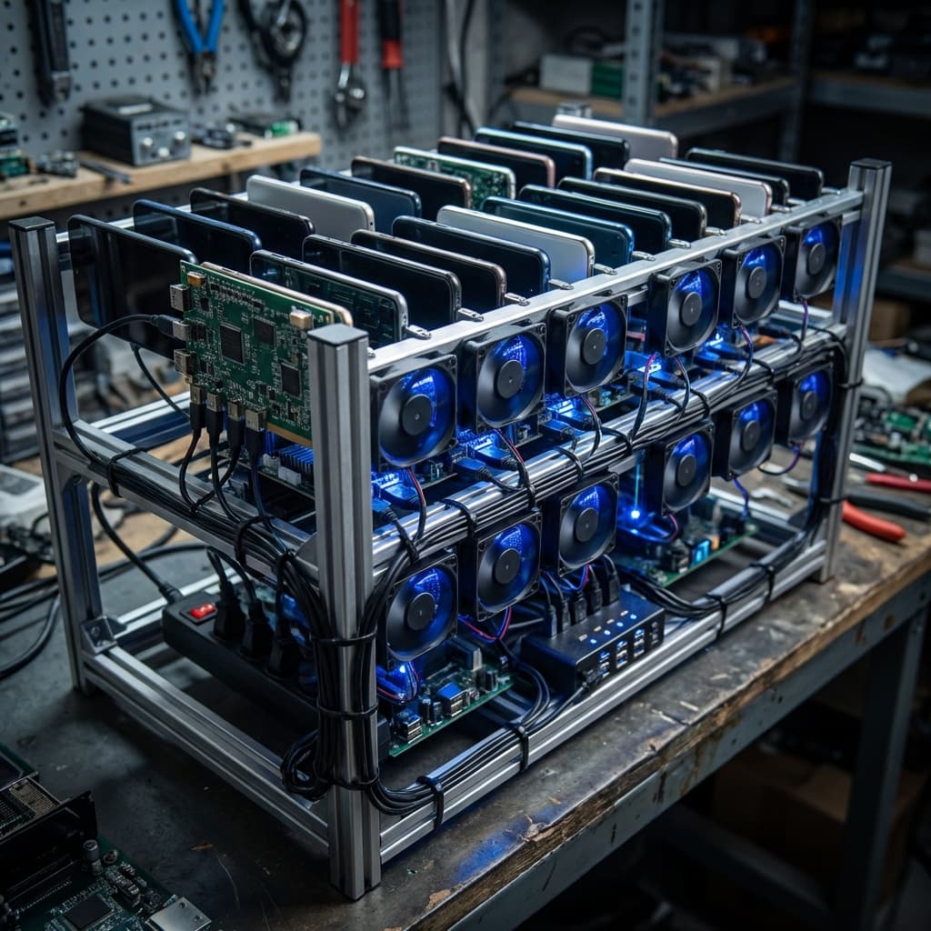 Phone farm cooling setup with fans directing airflow at device rack